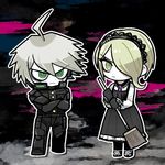  1girl ahoge android black_gloves blonde_hair broom chibi crossed_arms danganronpa dress gloves green_eyes hair_over_one_eye keebo lowres maid new_danganronpa_v3 pinafore_dress power_armor shimada_(dmisx) short_hair silver_hair toujou_kirumi 