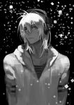  black_background greyscale headphones hood hoodie jacket looking_at_viewer male_focus mascot monochrome naitou-kun nitro+_chiral open_clothes simple_background sinov_mimori solo upper_body 