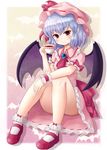  ascot bangs bare_legs bat_wings blue_hair blush bobby_socks brooch closed_mouth convenient_leg cup hat hat_ribbon holding holding_cup jewelry konatsu_hisagi looking_at_viewer mary_janes mob_cap pink_skirt pointy_ears red_eyes red_footwear red_ribbon remilia_scarlet ribbon ribbon-trimmed_skirt ribbon_trim shoes sitting skirt smile socks solo tea teacup thighs touhou white_legwear wings wrist_cuffs 