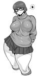  breasts breasts_apart contrapposto cowboy_shot cropped_legs curvy freckles glasses greyscale heart highres large_breasts light_smile looking_at_viewer microskirt monochrome pleated_skirt plump scooby-doo simple_background skirt solo spoken_heart standing sweater synecdoche thick_thighs thighs velma_dace_dinkley white_background wide_hips 