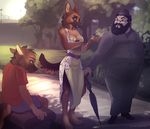  4_toes 5_fingers anthro black_nose blue_eyes breasts brown_eyes brown_fur brown_hair canine clothed clothing day digitigrade dog dress female fur group hair hat human koul male mammal outside sitting smile standing toes wide_hips young 