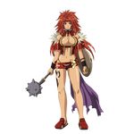  1girl abs armlet armor beltskirt bikini_armor bracelet breasts center_opening cleavage curvy eiwa fur_trim headband highleg highleg_panties highres jewelry legs long_hair long_legs mace midriff muscle navel panties purple_eyes queen&#039;s_blade red_eyes red_hair risty shield solo tan tattoo thick_thighs thighs toned underwear very_long_hair weapon 