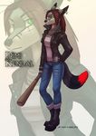  5_fingers anthro breasts canine clothed clothing ear_piercing english_text female fluffy fluffy_tail fox green_eyes hair koul looking_at_viewer mammal piercing red_hair simple_background solo standing text 