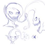  2016 anglerfish blue_and_white ear_fins female fin fish fish_humanoid humanoid looking_at_viewer marine monochrome plagueofgripes sharp_teeth simple_background sketch sketch_page smile solo teeth white_background 