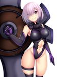  beeyan black_legwear breasts elbow_gloves fate/grand_order fate_(series) gloves hair_over_one_eye highres holding_shield large_breasts looking_at_viewer mash_kyrielight navel purple_eyes purple_hair shield short_hair simple_background smile solo thighhighs white_background 