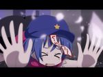  &gt;_&lt; :d anime_coloring ass beret blue_hair blurry cato_(monocatienus) cherry_blossoms closed_eyes commentary depth_of_field expressive_clothes fake_screenshot fallen_down hands hat letterboxed miyako_yoshika ofuda open_mouth outstretched_arms palms petals smile solo star tears ten_desires touhou translated xd 
