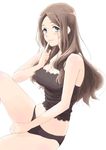  bare_shoulders black_panties blue_eyes blush breasts brown_hair camisole hibike!_euphonium large_breasts long_hair looking_at_viewer navel niiyama_satomi panties sitting solo takahashi_mugi teacher thighs underwear white_background 