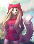  5_fingers anthro blonde_hair breasts cat clothed clothing day feline female fluffy fluffy_tail green_eyes hair koul long_hair mammal outside pink_nose sky smile teeth wide_hips 