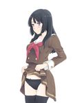  black_hair black_panties blue_eyes blush hibike!_euphonium kousaka_reina lifted_by_self long_hair looking_away neckerchief panties red_neckwear school_uniform serafuku skirt skirt_lift solo takahashi_mugi thighhighs thighs underwear white_background 