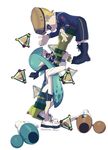  1girl absurdres aqua_hair bandana bandana_over_mouth bangs bike_shorts black_footwear black_shorts blue_eyes blue_shirt blunt_bangs bomb_rush_(splatoon) boots cross-laced_footwear domino_mask half-closed_eyes highres inkling inkzooka_(splatoon) long_hair long_sleeves looking_at_another luna_blaster_(splatoon) mask neckerchief pointy_ears puchiman purple_eyes sailor_collar shirt shoes short_hair shorts single_vertical_stripe smirk splat_bomb_(splatoon) splatoon_(series) splatoon_1 standing tentacle_hair twitter_username white_background white_footwear white_shirt 