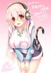  :d bent_over blush breasts camouflage_hoodie fur_trim headphones large_breasts long_hair looking_at_viewer nitroplus open_mouth pink_hair pom_pom_(clothes) red_eyes smile solo super_sonico syroh 