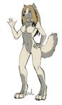  4_fingers 5_fingers anthro black_nose blue_eyes breasts canine digitigrade featureless_breasts featureless_crotch female fluffy fluffy_tail fur grey_fur koul mammal navel nude smile standing wide_hips wolf 