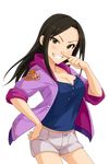  alternate_costume artist_request black_hair blush breasts brown_eyes grin hand_on_hip idolmaster idolmaster_cinderella_girls jacket large_breasts long_hair mukai_takumi official_art short_shorts shorts sleeves_rolled_up smile solo transparent_background 