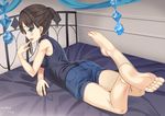  ass bare_shoulders barefoot bed blush brown_hair feet green_eyes idolmaster idolmaster_cinderella_girls long_hair looking_back lying mutou_riu on_stomach open_mouth profile shibuya_rin shorts soles solo tied_hair toes 