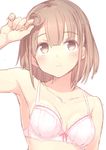  3: blush bow bow_bra bra breasts brown_eyes brown_hair cleavage frilled_bra frills hand_in_hair highres hiraga_matsuri looking_up medium_breasts original pink_bra short_hair simple_background sketch solo underwear upper_body white_background 