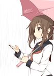  artist_name brown_eyes brown_hair folded_ponytail inazuma_(kantai_collection) kantai_collection kisaragi_yuu_(re:lucks) long_hair neckerchief rain school_uniform serafuku signature solo twitter_username umbrella 