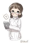  ? alternate_costume bangs black-framed_eyewear blush book brown_eyes brown_hair ebifurya glasses highres holding holding_book kantai_collection looking_at_viewer no_legs pince-nez roma_(kantai_collection) simple_background sleeves_past_wrists solo speech_bubble spoken_question_mark sweater turtleneck turtleneck_sweater twitter_username upper_body white_background white_sweater younger 