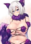  absurdres animal_costume animal_ears bare_shoulders blue_eyes breasts commentary cosplay dangerous_beast elbow_pads eyebrows eyebrows_visible_through_hair fate/grand_order fate_(series) hair_between_eyes hair_ornament hairclip halloween_costume hamakaze_(kantai_collection) highres huge_breasts kantai_collection look-alike looking_at_viewer mash_kyrielight mash_kyrielight_(cosplay) navel sankakusui shiny shiny_hair shiny_skin short_hair silver_hair simple_background solo tail white_background wolf_ears 