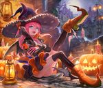  blue_eyes candle dragon_tail elizabeth_bathory_(fate) elizabeth_bathory_(fate)_(all) elizabeth_bathory_(halloween)_(fate) fangs fate/extra fate/grand_order fate_(series) halloween highres horns jack-o'-lantern lack lantern long_hair panties pink_hair pink_panties pointy_ears pointy_shoes shoes smile solo striped striped_panties tail underwear 