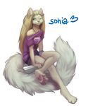  4_toes anthro blonde_hair blue_eyes cat clothed clothing feline female fluffy fluffy_tail hair jewelry koul long_hair long_tail mammal necklace pink_nose simple_background sitting smile solo toes white_background 