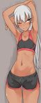  ;) armpits arms_up bare_arms black_bra black_shorts blush body_blush bra brown_eyes closed_mouth collarbone copyright_request cowboy_shot dark_skin flat_chest grey_background highres legs_apart long_hair looking_to_the_side nagayama_(zappazappa) one_eye_closed shorts silver_hair simple_background smile solo sports_bra standing stretch thighs tsurime underwear 