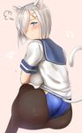  animal_ears ass black_legwear blue_eyes blush body_blush breasts cat_ears cat_tail closed_mouth commentary_request competition_swimsuit from_behind hair_ornament hair_over_one_eye hairclip hamakaze_(kantai_collection) kantai_collection large_breasts looking_at_viewer looking_back one-piece_swimsuit pantyhose pantyhose_under_swimsuit school_uniform shiny shiny_clothes shiny_hair shiny_skin sideboob silver_hair simple_background sitting solo swimsuit swimsuit_under_clothes tail untsue 