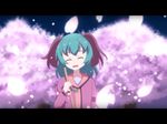  :d ^_^ animal_ears anime_coloring blurry broom cato_(monocatienus) cherry_blossoms closed_eyes commentary depth_of_field facing_viewer green_hair kasodani_kyouko letterboxed long_sleeves open_mouth petals smile solo ten_desires touhou tree 