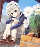 2016 bangs blue_eyes blue_jacket blurry brick brown_footwear clannad cross-laced_footwear daisy dated day depth_of_field eyewear_removed flower glasses hairband happy_birthday head_tilt holding holding_eyewear jacket leaning_forward leg_hug legs_together long_hair long_sleeves looking_at_viewer naka_akira notepad open_clothes open_jacket outdoors pants plant sakagami_tomoyo shoelaces shoes signature silver_hair sitting sitting_on_stairs sky smile solo stairs tree white_pants 