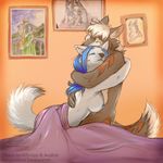  anthro bed black_nos blanker blonde_hair blue_hair breasts canine dog duo female hair hug inside koul male mammal nipples nude on_bed smile under_covers 