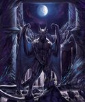  4_toes 5_fingers aaros_(artist) anthro blue_eyes detailed_background digitigrade dragon male membranous_wings moon night nude outside sky solo standing star starry_sky toes wings 