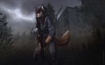  5_fingers anthro black_nose brown_fur brown_hair canine clothed clothing day dog female fur hair koul mammal outside overcast solo standing 