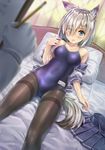  1girl admiral_(kantai_collection) animal_ears bed blue_eyes blurry blush competition_school_swimsuit covered_nipples depth_of_field dog_ears dog_tail eyes_visible_through_hair hair_ornament hair_over_one_eye hairclip hamakaze_(kantai_collection) kantai_collection kotatsu_(kotatsu358) lying name_tag one-piece_swimsuit pantyhose pantyhose_under_swimsuit pillow school_swimsuit school_uniform serafuku short_hair silver_hair skirt skirt_removed swimsuit swimsuit_under_clothes tail 