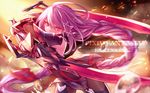  copyright_name dual_wielding hair_ornament holding holding_sword holding_weapon long_hair looking_at_viewer pen_(steelleets) pixiv_fantasia pixiv_fantasia_fallen_kings pointy_ears purple_hair red_eyes solo sword weapon 