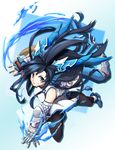  bare_shoulders black_hair boots china_dress chinese_clothes dragon_girl dragon_horns dragon_tail dress fingerless_gloves gloves grin head_fins highres horns karin_(p&amp;d) long_hair pantyhose puzzle_&amp;_dragons side_slit smile solo spiked_knuckles tail very_long_hair water yayilu 