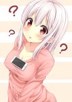  ? blush breasts cellphone cleavage collarbone covered_nipples eyebrows eyebrows_visible_through_hair karutamo long_hair looking_at_viewer looking_up medium_breasts medium_hair no_bra object_on_breast open_mouth original phone pink_sweater red_eyes shiny shiny_skin smartphone solo sweater tawawa_challenge tisshu_(karutamo) upper_body v_arms white_hair 