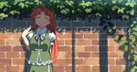  against_wall anime_coloring arm_behind_back braid brick_wall closed_eyes collared_shirt fanning_face fanning_self hat hong_meiling hot ivy leaf long_hair monosenbei pout red_hair shade shirt skirt skirt_set solo star sweat touhou twin_braids u_u upper_body very_long_hair vest 