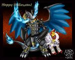  2014 abby_(tigerlilylucky) ambiguous_gender armor blackwargreymon blue_eyes bolin_(tigerlilylucky) clothed clothing crossover digimon duo fan_character feral fire fur mega_absol mega_charizard_dragon mega_evolution membranous_wings muscular nefertimon nintendo pok&eacute;mon shiny_pok&eacute;mon tigerlilylucky video_games white_fur wings 