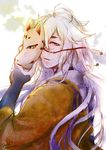  bell fangs fox_mask japanese_clothes kogitsunemaru long_hair looking_back male_focus mask mask_removed raminoa red_eyes smile solo tassel touken_ranbu white_hair 