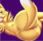  2016 anthro anus big_butt black_sclera blue_eyes bridal_gauntlets butt butt_shot canine digimon female fox fur half-closed_eyes looking_at_viewer lying mammal mostly_nude neonyx on_side purple_background pussy renamon simple_background smile solo teeth tuft white_fur yellow_fur 