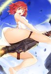  :o ahoge ass bangs bare_arms bare_legs barefoot blue_sky blunt_bangs breasts cloud da day dress floating_rock from_below gun izetta medium_breasts open_mouth outdoors ptrs-41 red_eyes red_hair rifle short_hair shuumatsu_no_izetta silhouette sky smoke solo straddling weapon white_dress 