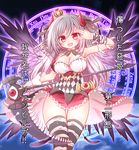  angeltype arm_up bandages bare_shoulders breasts choker cleavage crown dress_shirt feathers granblue_fantasy grey_hair heart heart_choker idolmaster idolmaster_cinderella_girls kanzaki_ranko large_breasts long_hair magic_circle mini_crown open_mouth red_eyes runes scythe shirt smile solo striped striped_legwear thighhighs translation_request two_side_up v_over_eye wings 