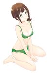  bare_shoulders barefoot blush bra breasts brown_hair cleavage collarbone full_body green_bra green_eyes green_panties hibike!_euphonium looking_at_viewer looking_up medium_breasts navel panties ponytail short_hair sitting solo takahashi_mugi thighs torizuka_hirone underwear white_background 