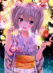  :d blue_eyes blush candy_apple commentary_request fireworks fish food hair_ornament japanese_clothes kantai_collection kashima_(kantai_collection) kimono looking_at_viewer open_mouth silver_hair smile solo twintails upper_body yadapot yukata 