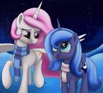  2015 blue_eyes blue_feathers blue_fur blue_hair clothed clothing conscious-aberration crown duo equine feathered_wings feathers female feral friendship_is_magic fur hair horn mammal my_little_pony pink_hair princess_celestia_(mlp) princess_luna_(mlp) purple_eyes scarf smile spread_wings white_feathers white_fur winged_unicorn wings young 