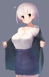  bad_id bad_pixiv_id blue_skirt blush breasts closed_mouth collarbone commentary_request cowboy_shot curvy grey_background high-waist_skirt highres jacket kumashou_(nabeyama_kaidou) large_breasts looking_at_viewer open_clothes open_jacket original red_eyes shirt short_hair silver_hair skirt smile solo white_shirt 