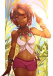 ;) armband bare_arms bare_shoulders breasts brown_hair camisole cleavage closed_mouth cowboy_shot dark_skin earrings elite_four highres island_kahuna jewelry lipstick looking_at_viewer lychee_(pokemon) makeup medium_breasts midriff navel necklace one_eye_closed outdoors plant pokemon pokemon_(game) pokemon_sm purple_eyes short_hair shorts smile solo sunlight trial_captain yumyum 