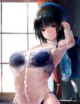  arched_back bad_anatomy black_hair blouse blue_bra blue_panties bra breasts colored_eyelashes desk eyelashes highres indoors kantai_collection large_breasts looking_at_viewer midriff navel panties red_eyes see-through short_hair solo takao_(kantai_collection) takeichi_yui underwear upper_body wet wet_clothes white_blouse 