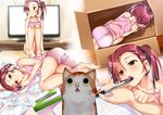  all_fours animal animal_ears ass bare_arms bare_legs bare_shoulders barefoot blurry blush bokeh box camisole cardboard_box cat cat_ears closed_mouth collarbone commentary_request depth_of_field feet hair_over_one_eye hand_on_another's_arm holding_foot in_box in_container indoors knees_up legs looking_at_viewer lying multiple_views notebook o_o on_side one_side_up open_mouth orange_eyes original panties pen personality_switch pink_panties polka_dot polka_dot_panties red_eyes red_hair ryouma_(galley) short_hair sitting strap_slip television tissue tissue_box underwear unmoving_pattern whiskers writing 