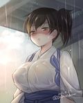  brown_eyes brown_hair highres japanese_clothes kaga_(kantai_collection) kantai_collection rain sasachin_(k+w) shaded_face shed short_hair side_ponytail solo standing tasuki unamused wet wet_clothes 