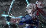  bangs bow_(weapon) chikayas fire_emblem fire_emblem_if fuujin_yumi gloves grey_hair hair_ribbon light_arrows male_focus ponytail rain ribbon serious sidelocks solo takumi_(fire_emblem_if) weapon yellow_eyes yumi_(bow) 